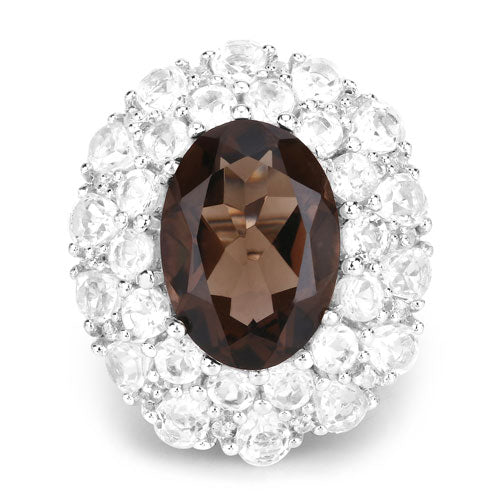 Bids.com 9.29 Carat Genuine Smoky Quartz and White Topaz .925 Sterling Silver Ring Rings White Smoke size 5.00,size 6.00,size 7.00,size 8.00,size 9.00