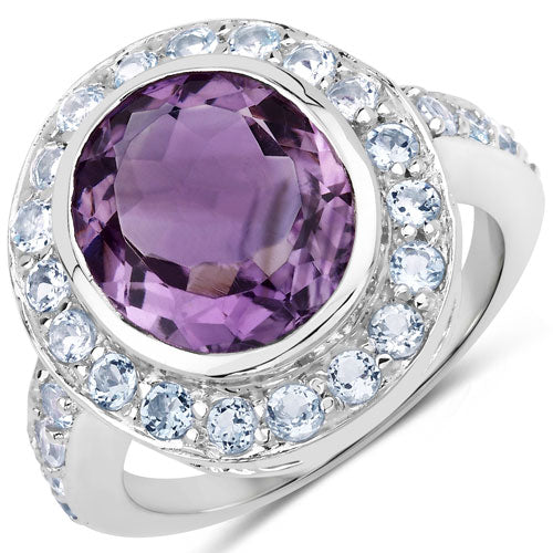 Bids.com 4.77 Carat Genuine Amethyst and Blue Topaz .925 Sterling Silver Ring Rings White Smoke size 5.00,size 6.00,size 7.00,size 8.00,size 9.00