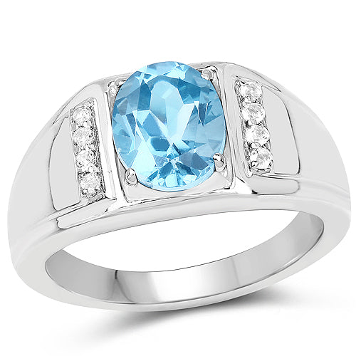 Bids.com 2.18 Carat Genuine London Blue Topaz and White Topaz .925 Sterling Silver Ring Rings White Smoke size 6.00,size 7.00,size 8.00,size 9.00