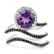 Bids.com 2.31 Carat Genuine Amethyst, Black Spinel and White Diamond .925 Sterling Silver Ring Rings White Smoke size 7.00,size 5.00,size 6.00,size 8.00,size 9.00
