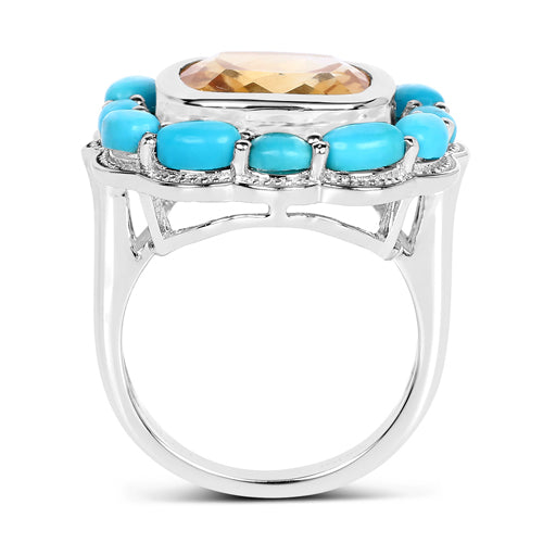 Bids.com 9.26 Carat Genuine Citrine and Turquoise .925 Sterling Silver Ring Rings White Smoke size 7.00,size 5.00,size 6.00,size 8.00,size 9.00