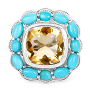 Bids.com 9.26 Carat Genuine Citrine and Turquoise .925 Sterling Silver Ring Rings White Smoke size 7.00,size 5.00,size 6.00,size 8.00,size 9.00