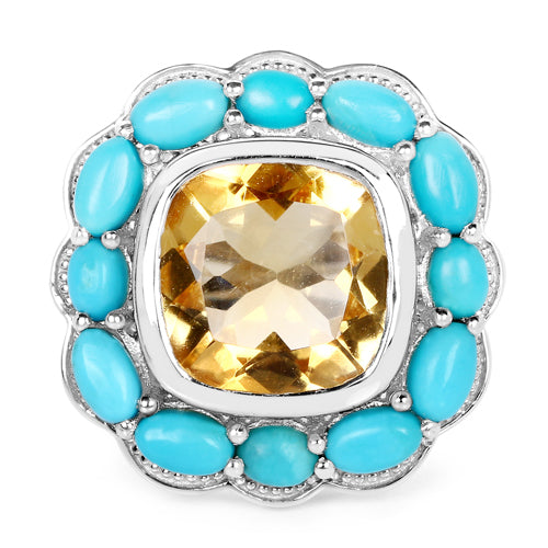Bids.com 9.26 Carat Genuine Citrine and Turquoise .925 Sterling Silver Ring Rings White Smoke size 7.00,size 5.00,size 6.00,size 8.00,size 9.00