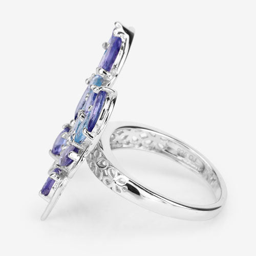 Bids.com 3.60 Carat Genuine Tanzanite and Swiss Blue Topaz .925 Sterling Silver Ring Rings White Smoke size 6.00,size 7.00,size 8.00,size 9.00,size 5.00