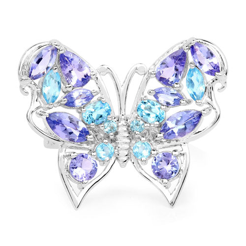 Bids.com 3.60 Carat Genuine Tanzanite and Swiss Blue Topaz .925 Sterling Silver Ring Rings White Smoke size 6.00,size 7.00,size 8.00,size 9.00,size 5.00