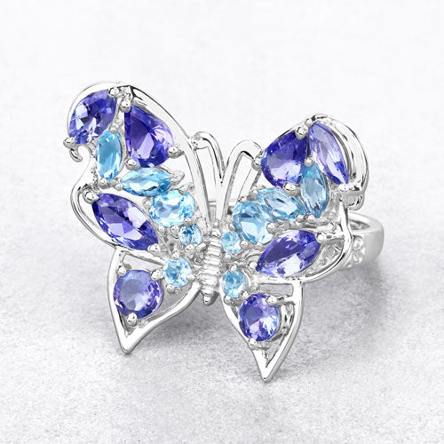 Bids.com 3.60 Carat Genuine Tanzanite and Swiss Blue Topaz .925 Sterling Silver Ring Rings White Smoke size 6.00,size 7.00,size 8.00