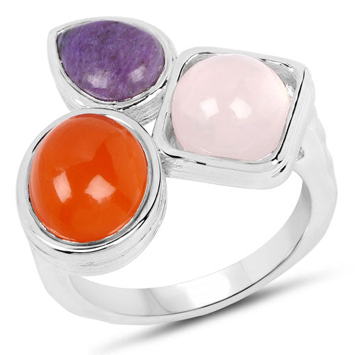 Bids.com 5.21 Carat Genuine Rose Quartz, Carnelian And Charolite .925 Sterling Silver Ring Rings White Smoke size 6.00,size 7.00,size 8.00,size 9.00
