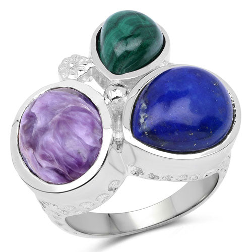 Bids.com 11.23 Carat Genuine Malachite, Charolite And Lapis .925 Sterling Silver Ring Rings White Smoke size 6.00,size 7.00,size 8.00,size 9.00