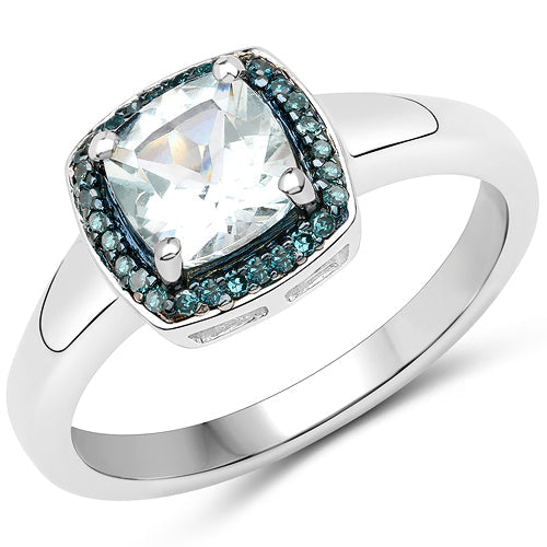 Bids.com 0.83 Carat Genuine Aquamarine and Blue Diamond .925 Sterling Silver Ring Rings White Smoke size 7.00,size 5.00,size 6.00,size 8.00,size 9.00,size 10.00