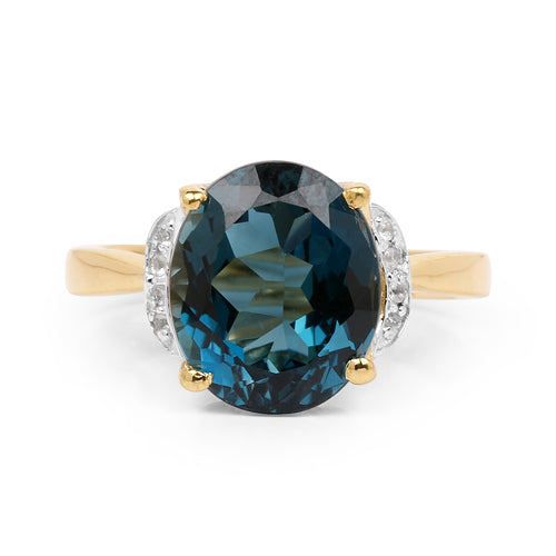 Bids.com 14K Yellow Gold Plated 6.09 Carat Genuine London Blue Topaz & White Diamond .925 Sterling Silver Ring Rings White Smoke size 6.00,size 7.00,size 8.00,size 9.00,size 5.00