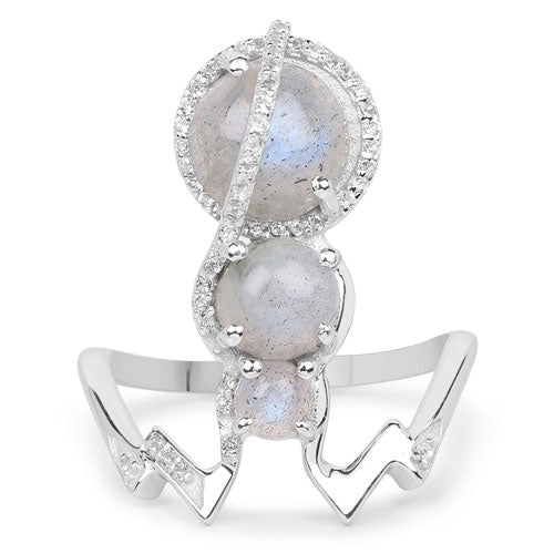 Bids.com 2.79 Carat Genuine Labradorite And White Topaz .925 Sterling Silver Ring Rings White Smoke size 7.00,size 6.00,size 8.00,size 9.00