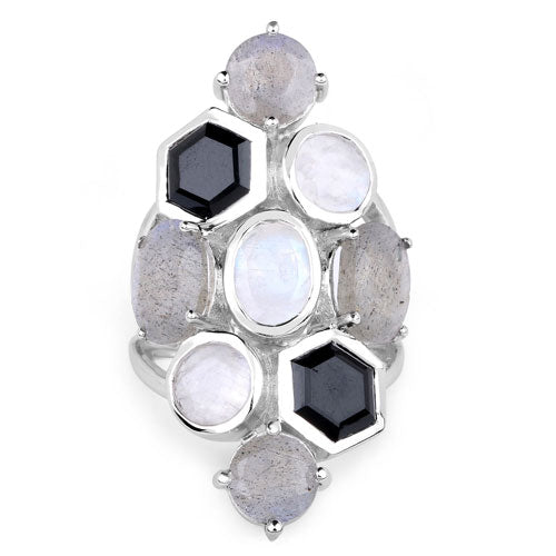 Bids.com 10.30 Carat Genuine White Rainbow Moonstone, Labradorite And Black Onyx .925 Sterling Silver Ring Rings White Smoke size 6.00,size 7.00,size 8.00,size 9.00