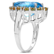 Bids.com 12.73 Carat Genuine Blue Topaz & Citrine .925 Sterling Silver Ring Rings White Smoke size 7.00,size 6.00,size 8.00,size 9.00