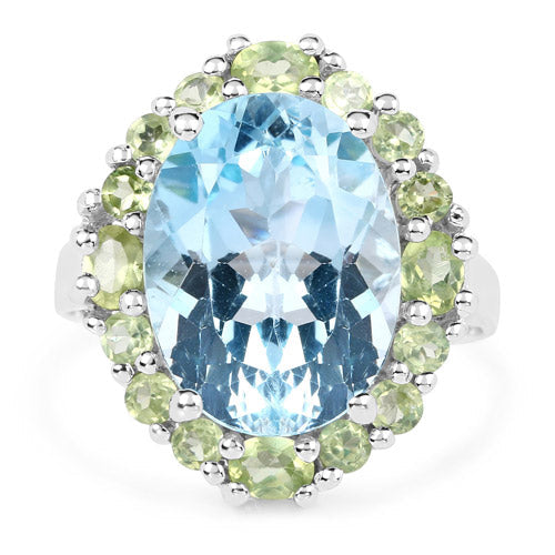 Bids.com 12.77 Carat Genuine Blue Topaz and Peridot .925 Sterling Silver Ring Rings White Smoke size 6.00,size 7.00,size 8.00,size 9.00