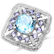 Bids.com 4.24 Carat Genuine Blue Topaz and Tanzanite .925 Sterling Silver Ring Rings White Smoke size 7.50,size 8.00,size 6.00,size 7.00,size 9.00