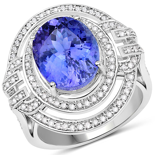 Bids.com 14K White Gold 6.83 Carat Genuine Tanzanite and White Diamond Ring Rings White Smoke size 7.00