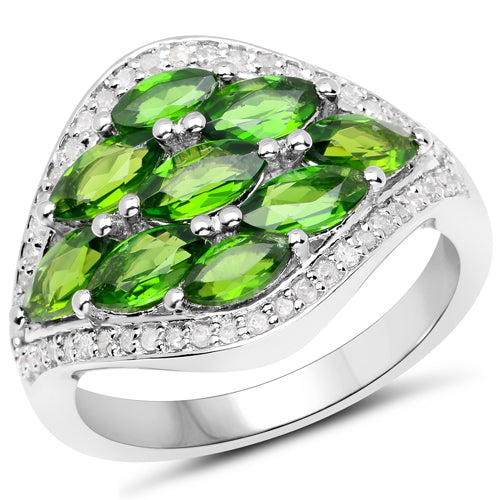 Bids.com 2.37 Carat Genuine Chrome Diopside and White Diamond .925 Sterling Silver Ring Rings White Smoke size 7.00,size 6.00,size 8.00