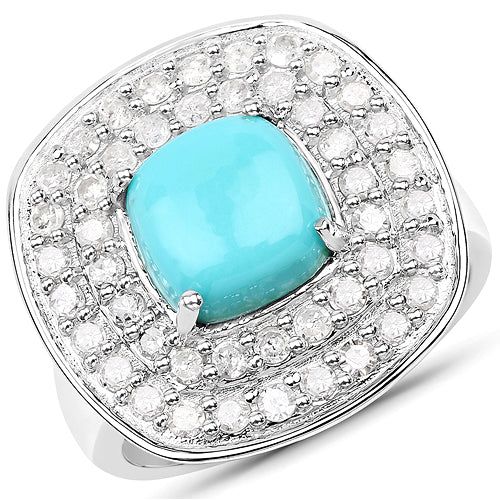Bids.com 2.80 Carat Genuine Turquoise and White Diamond .925 Sterling Silver Ring Rings White Smoke size 7.00,size 5.00,size 6.00,size 8.00,size 9.00