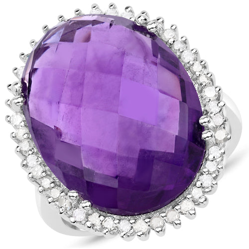 Bids.com 14.90 Carat Genuine Amethyst and White Diamond .925 Sterling Silver Ring Rings White Smoke size 7.00,size 6.00,size 8.00
