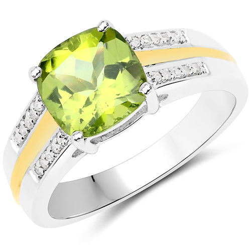 Bids.com 2.20 Carat Genuine Peridot and White Diamond 14K Yellow Gold with .925 Sterling Silver Ring Rings White Smoke size 6.00,size 7.00,size 8.00