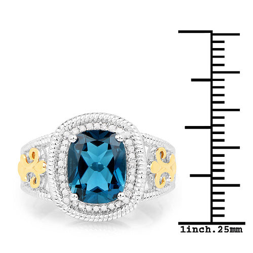 Bids.com 3.59 Carat Genuine London Blue Topaz and White Diamond 14K Yellow Gold with .925 Sterling Silver Ring Rings White Smoke size 6.00,size 7.00,size 8.00