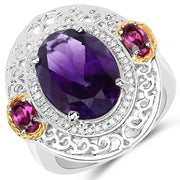 Bids.com 5.58 Carat Genuine Amethyst, Rhodolite and White Diamond 14K Yellow Gold with .925 Sterling Silver Ring Rings White Smoke size 7.00,size 6.00,size 8.00