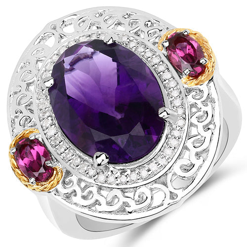 Bids.com 5.58 Carat Genuine Amethyst, Rhodolite and White Diamond 14K Yellow Gold with .925 Sterling Silver Ring Rings White Smoke size 7.00,size 6.00,size 8.00