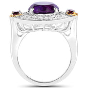 Bids.com 5.58 Carat Genuine Amethyst, Rhodolite and White Diamond 14K Yellow Gold with .925 Sterling Silver Ring Rings White Smoke size 7.00,size 6.00,size 8.00