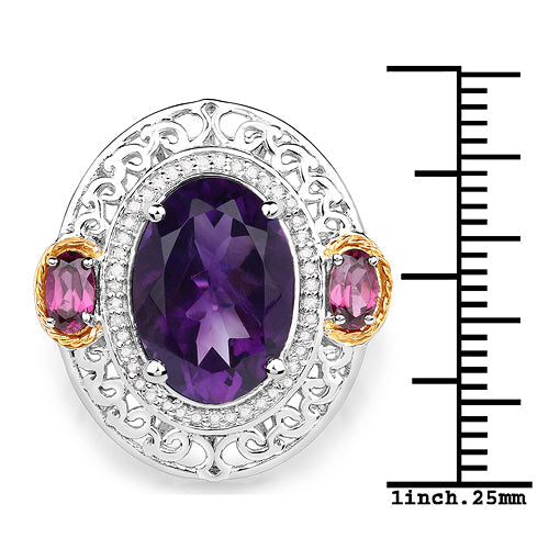Bids.com 5.58 Carat Genuine Amethyst, Rhodolite and White Diamond 14K Yellow Gold with .925 Sterling Silver Ring Rings White Smoke size 7.00,size 6.00,size 8.00