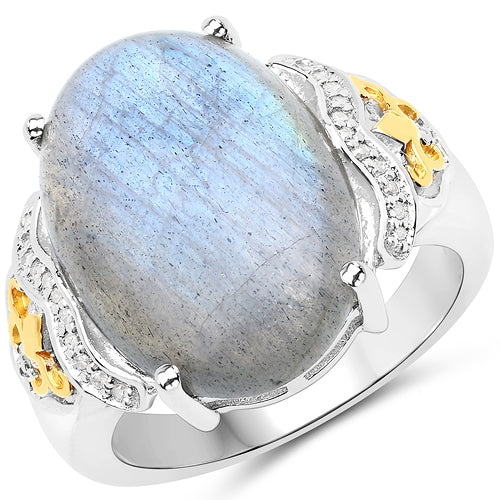 Bids.com 10.56 Carat Genuine Labradorite and White Diamond 14K Yellow Gold with .925 Sterling Silver Ring Rings White Smoke size 7.00,size 6.00,size 8.00