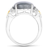 Bids.com 10.56 Carat Genuine Labradorite and White Diamond 14K Yellow Gold with .925 Sterling Silver Ring Rings White Smoke size 7.00,size 6.00,size 8.00