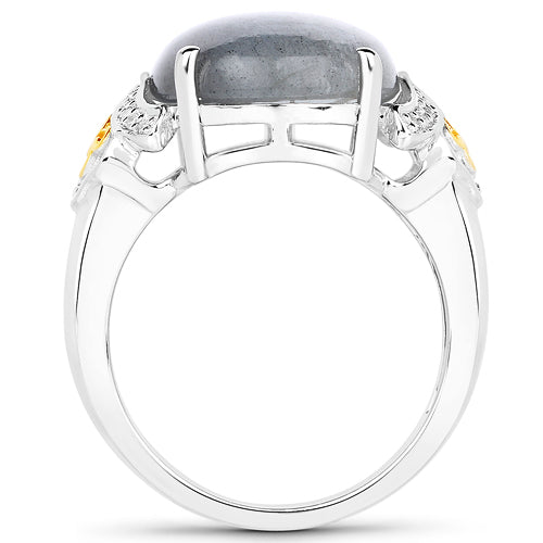 Bids.com 10.56 Carat Genuine Labradorite and White Diamond 14K Yellow Gold with .925 Sterling Silver Ring Rings White Smoke size 7.00,size 6.00,size 8.00