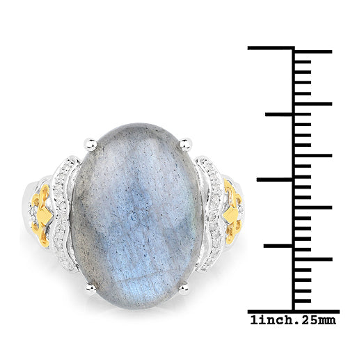 Bids.com 10.56 Carat Genuine Labradorite and White Diamond 14K Yellow Gold with .925 Sterling Silver Ring Rings White Smoke size 7.00,size 6.00,size 8.00