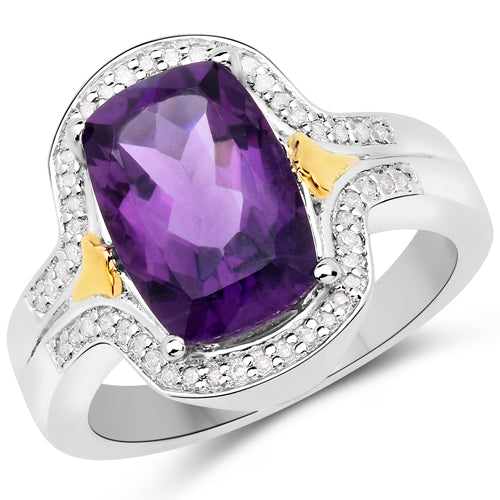 Bids.com 3.43 Carat Genuine Amethyst and White Diamond .925 Sterling Silver Ring Rings White Smoke size 7.00,size 6.00,size 8.00