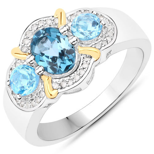Bids.com 1.64 Carat Genuine London Blue Topaz, Swiss Blue Topaz and White Diamond .925 Sterling Silver Ring Rings White Smoke size 6.00,size 7.00,size 8.00
