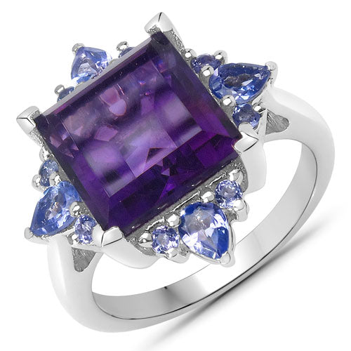 Bids.com 5.15 Carat Genuine Amethyst and Tanzanite .925 Sterling Silver Ring Rings White Smoke size 5.00,size 6.00,size 7.00,size 8.00,size 9.00,size 10.00