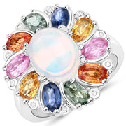 Bids.com 3.92 Carat Genuine Ethiopian Opal, Multi Sapphire and White Diamond .925 Sterling Silver Ring Rings White Smoke size 7.00,size 8.00,size 6.00,size 9.00,size 5.00,size 8.50