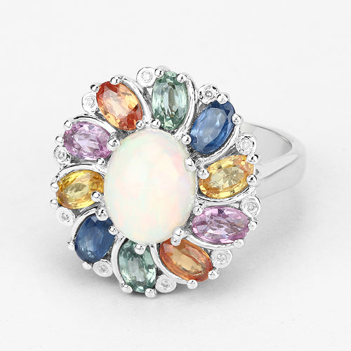 Bids.com 3.92 Carat Genuine Ethiopian Opal, Multi Sapphire and White Diamond .925 Sterling Silver Ring Rings White Smoke size 7.00,size 8.00,size 6.00,size 9.00,size 5.00,size 8.50