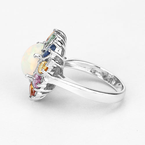 Bids.com 3.92 Carat Genuine Ethiopian Opal, Multi Sapphire and White Diamond .925 Sterling Silver Ring Rings White Smoke size 7.00,size 8.00,size 6.00,size 9.00,size 5.00,size 8.50