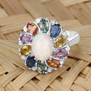 Bids.com 3.92 Carat Genuine Ethiopian Opal, Multi Sapphire and White Diamond .925 Sterling Silver Ring Rings Rosy Brown size 7.00,size 8.00,size 6.00,size 9.00,size 5.00,size 8.50