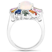 Bids.com 3.92 Carat Genuine Ethiopian Opal, Multi Sapphire and White Diamond .925 Sterling Silver Ring Rings White Smoke size 7.00,size 8.00,size 6.00,size 9.00,size 5.00,size 8.50