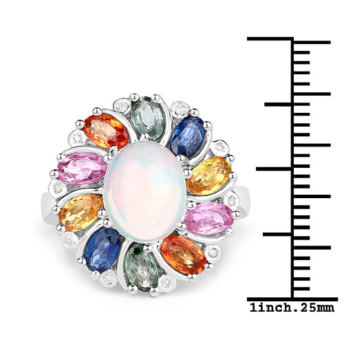 Bids.com 3.92 Carat Genuine Ethiopian Opal, Multi Sapphire and White Diamond .925 Sterling Silver Ring Rings White Smoke size 7.00,size 8.00,size 6.00,size 9.00,size 5.00,size 8.50