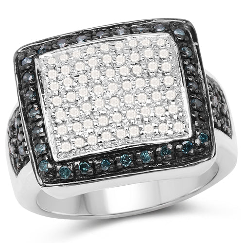 Bids.com 0.64 Carat Genuine White Diamond and Blue Diamond .925 Sterling Silver Ring Rings White Smoke size 6.00,size 7.00,size 8.00,size 9.00