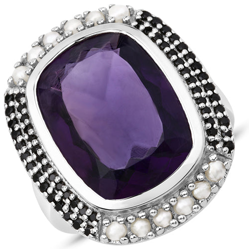 Bids.com 9.59 Carat Genuine Amethyst, Pearl and Black Spinel .925 Sterling Silver Ring Rings White Smoke size 7.00,size 6.00,size 8.00,size 9.00