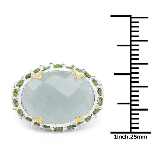 Bids.com Two Tone Plated 9.12 Carat Genuine Milky Aquamarine and Chrome Diopside .925 Sterling Silver Ring Rings White Smoke size 7.00,size 8.00,size 6.00,size 9.00