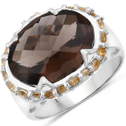 Bids.com 9.58 Carat Genuine Smoky Quartz and Citrine .925 Sterling Silver Ring Rings White Smoke size 7.00,size 5.00,size 6.00,size 8.00,size 9.00