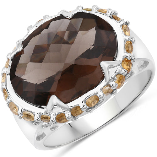 Bids.com 9.58 Carat Genuine Smoky Quartz and Citrine .925 Sterling Silver Ring Rings White Smoke size 7.00,size 5.00,size 6.00,size 8.00,size 9.00