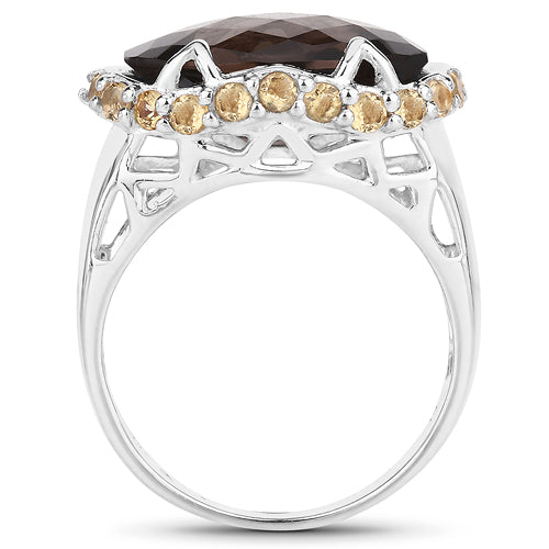 Bids.com 9.58 Carat Genuine Smoky Quartz and Citrine .925 Sterling Silver Ring Rings White Smoke size 7.00,size 5.00,size 6.00,size 8.00,size 9.00