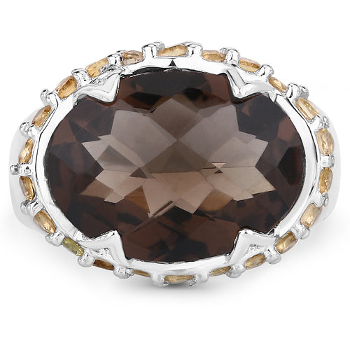 Bids.com 9.58 Carat Genuine Smoky Quartz and Citrine .925 Sterling Silver Ring Rings White Smoke size 7.00,size 5.00,size 6.00,size 8.00,size 9.00