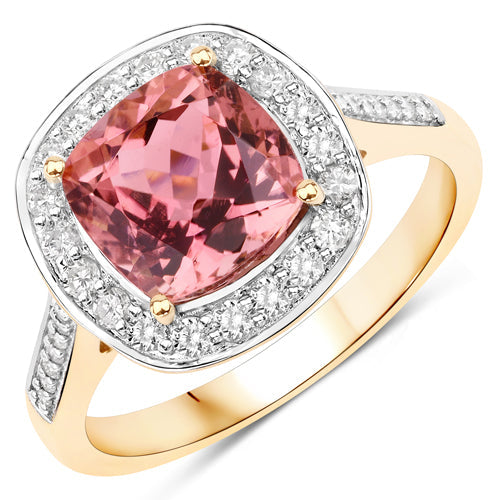 Bids.com 2.71 Carat Genuine Royal Pink Tourmaline and White Diamond 14K Yellow Gold Ring Rings White Smoke size 7.00,size 6.00,size 8.00